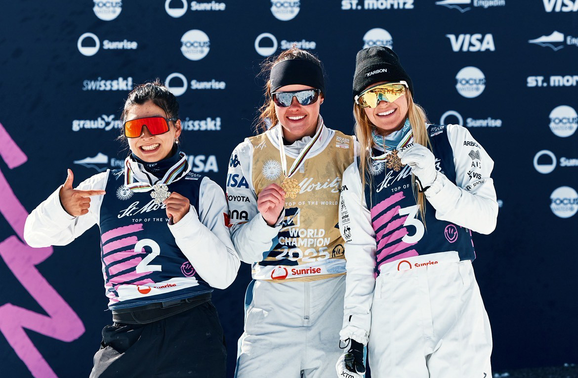 Bronze medalist Mengtao Xu of China, Gold medalist Kaila Kuhn of The USA and Bronze medalist Danielle Scott of Australia during Day 14 of the FIS Snowboard, Freestyle and Freeski World Championships on March 30, 2025 in St Moritz, Switzerland. Courtesy Kaila Kuhn
